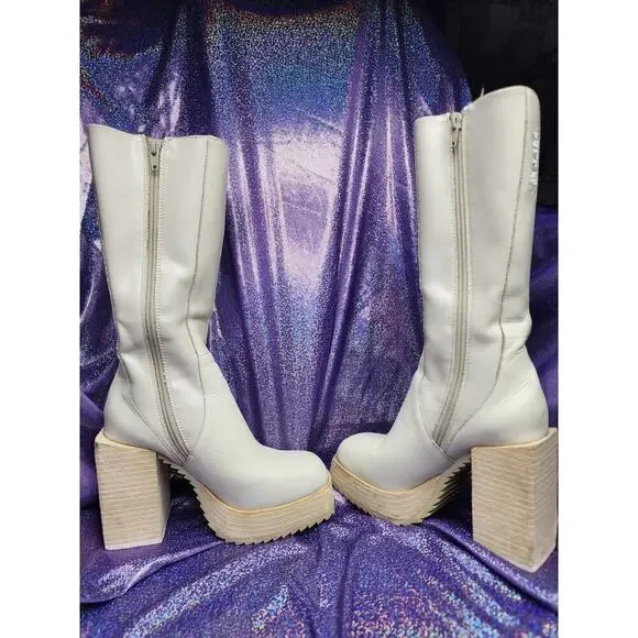 Darker Wavs Dolls Kill Cream Off White Platform Square Toe Zip Up Boots Sz 5 - Picture 6 of 8